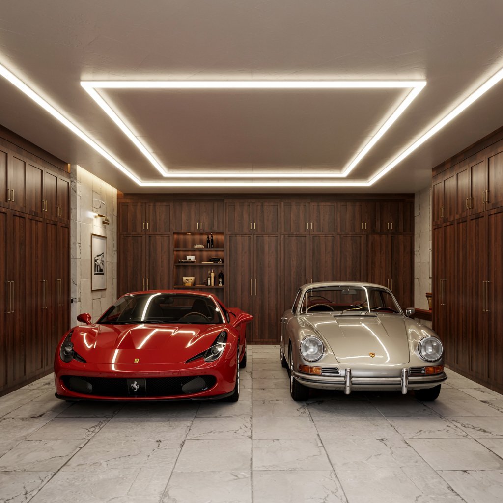 Various types of garage lighting fixtures.