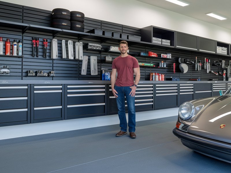 Custom garage cabinets with tools and supplies.