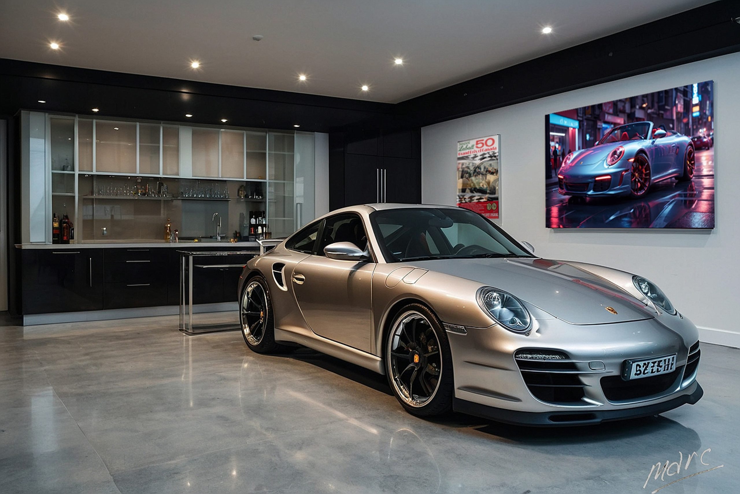 Porsche garage interior enhanced by digital automotive art collection
