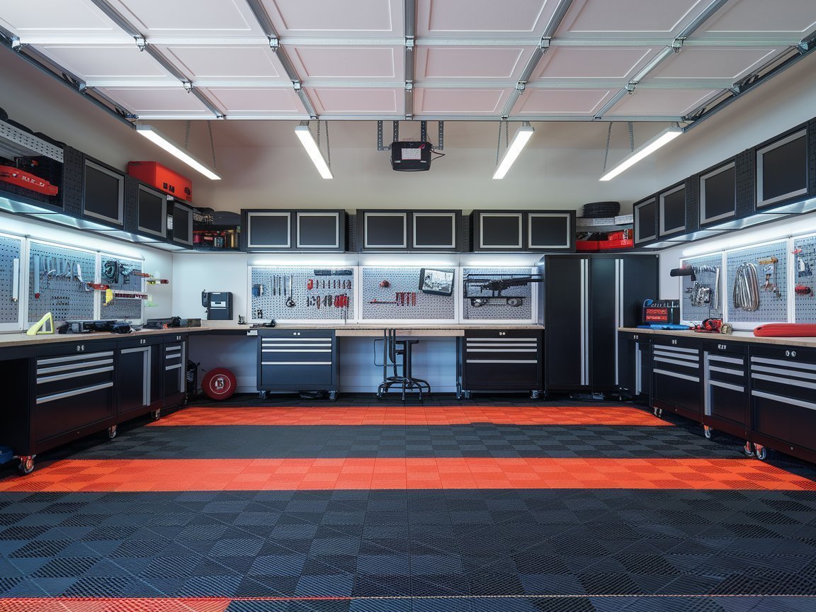 Garage upgrade mastery functionality with custom cabinetry and slatwall