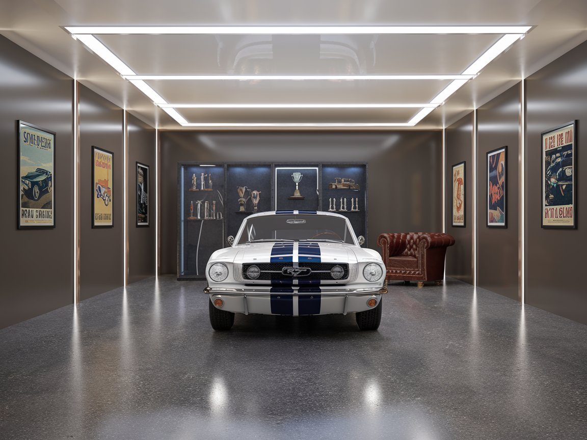 Classic car garage with memorabilia display