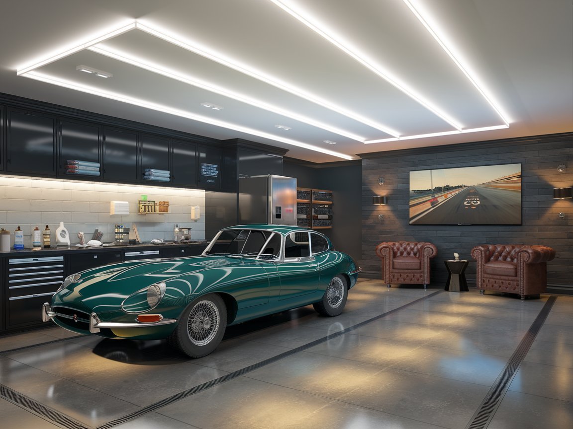 Garage space with detailing and bar area