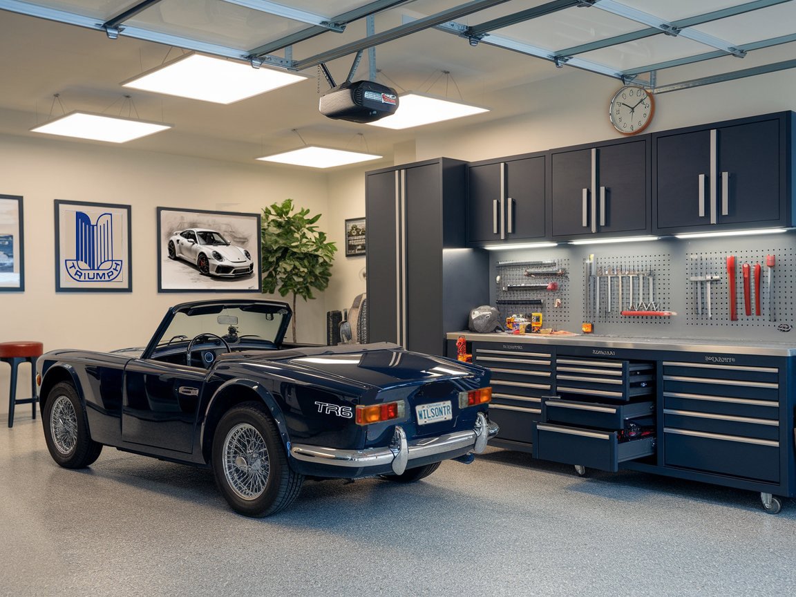 Functional luxury garage with workbench and LED lighting
