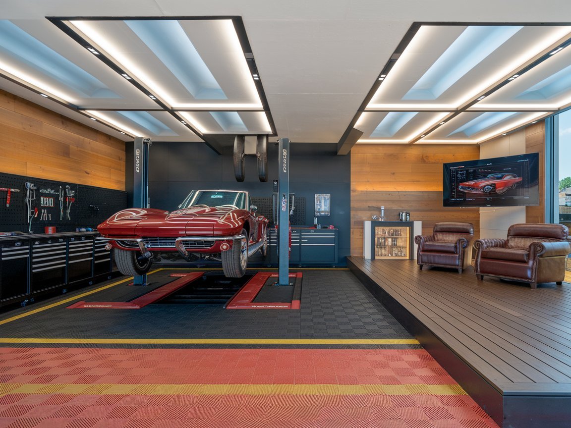Restoration-ready luxury garage with vehicle lift and workshop zone