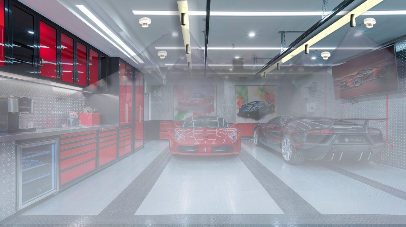 Close-up of thermal and smoke sensor installed in luxury garage ceiling
