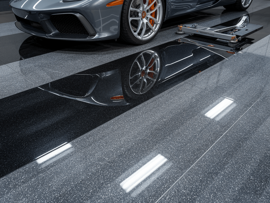 A luxury garage with a high-end car parked on durable flooring.