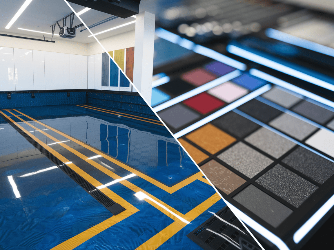 A luxury garage with customized flooring and design elements.