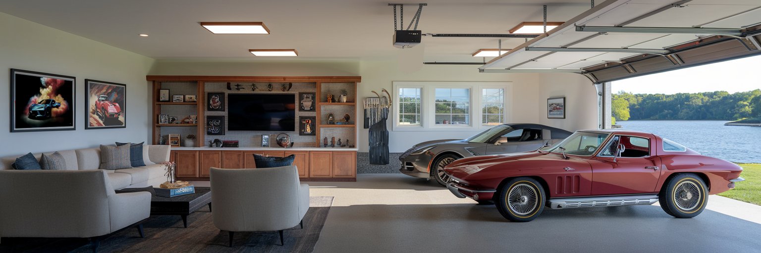 Completed garage upgrade with lighting and decor
