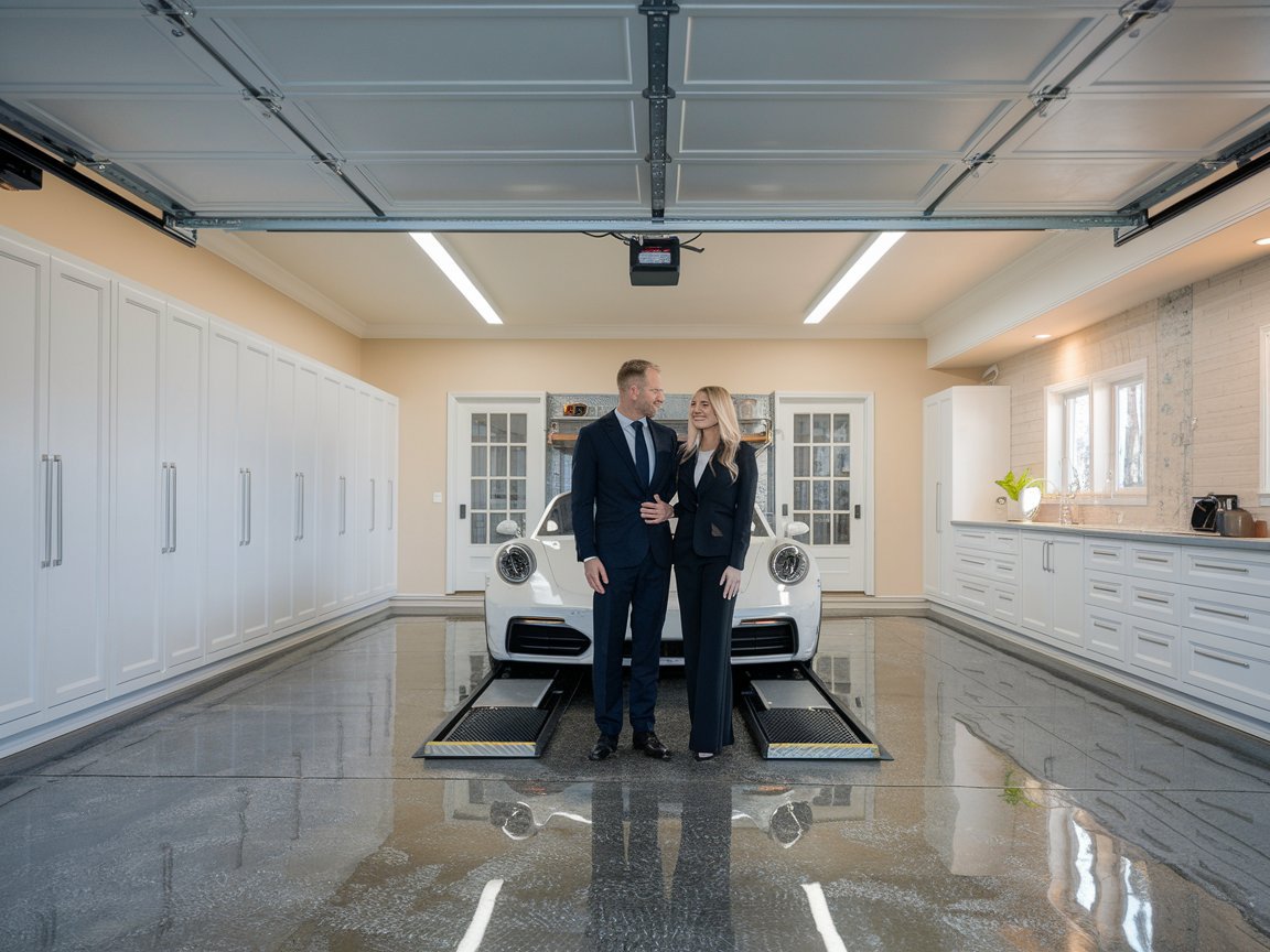 Luxury car beside standard garage
