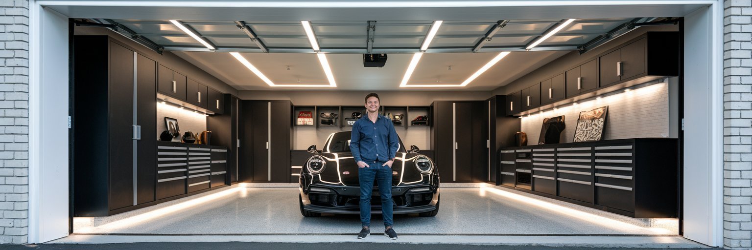 Final concept image of luxury garage with lighting and storage solutions