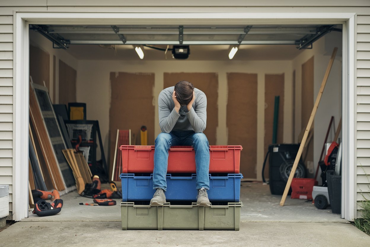Overhead layout of garage lighting, cabinetry, and vehicle lift planning