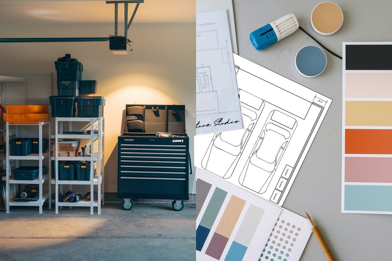 Cluttered garage with mismatched components and unfinished upgrades