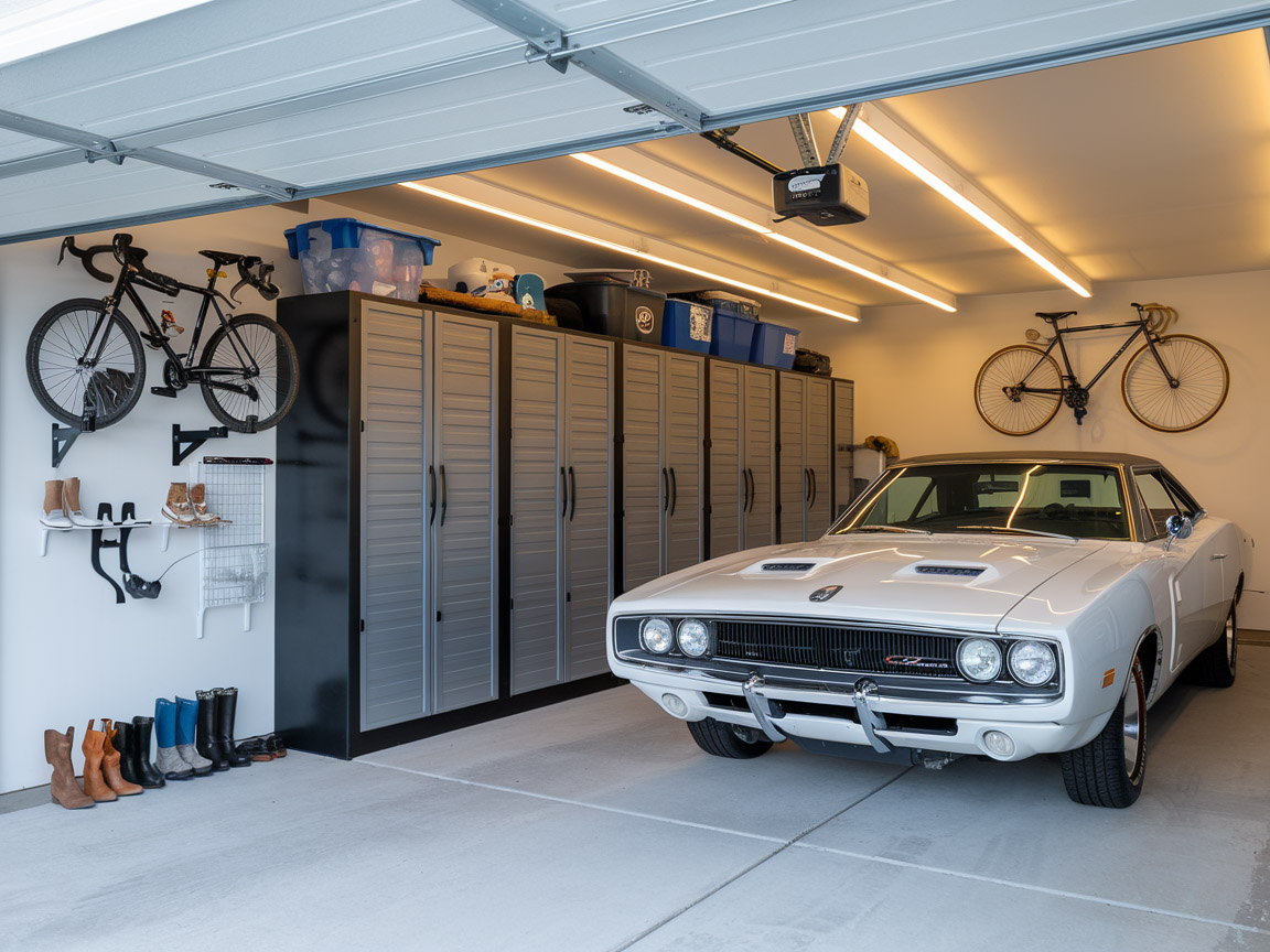 garage as a home asset - elegant garage featuring ambient lighting and vehicle lift