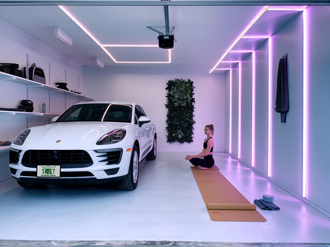 garage wellness zone designed for female car lovers with calm and clarity